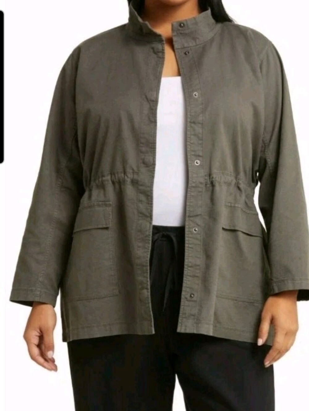 Eileen Fisher Canvas Hemp Snap Jacket Womens XL Gray Waist Cinch Organic Cotton